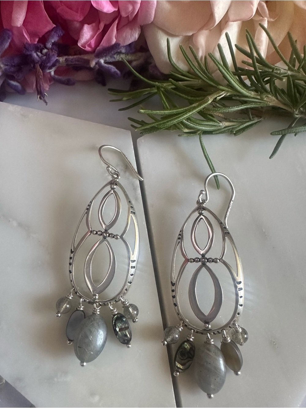 Silpada Sterling Silver 925 Grey labradorite and other stones Drop Earrings